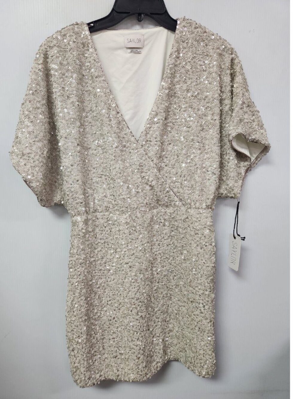 Saylor NWT Silvery Grey Sequin Surplice V-Neck Party Mini Dress Medium